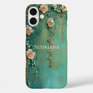Romantic Teal Blush Pink Flowers  iPhone 16 Plus Case