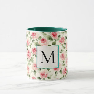 Romantic Teal Blush Pink Roses Floral Monogram Mug