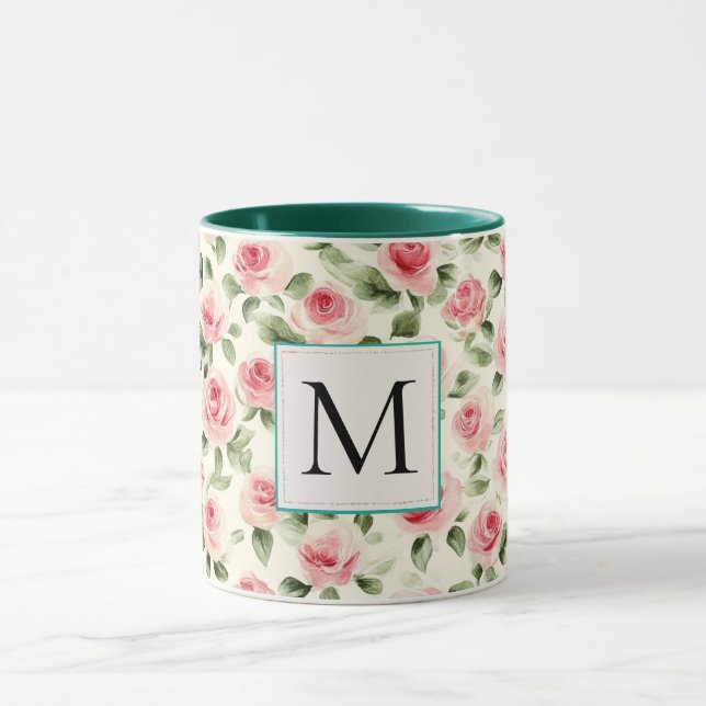 Romantic Teal Blush Pink Roses Floral Monogram Mug (Center)