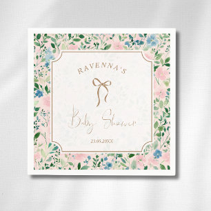 Romantic Teal Blush Sage Floral Bow Baby Shower Napkin