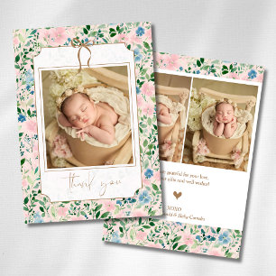 Romantic Teal Blush Sage Floral Gold Baby Photo Announcement
