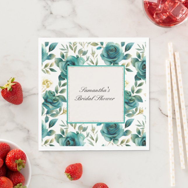 Romantic Teal Cream Rose Floral Bridal Shower Napkin (Insitu)