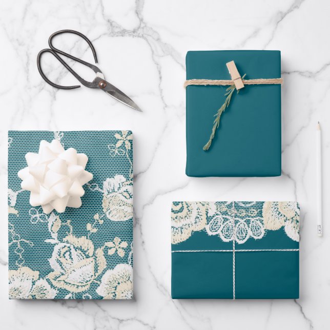 Romantic Teal Green Blue White Lace Floral Wedding Wrapping Paper Sheet (Front)