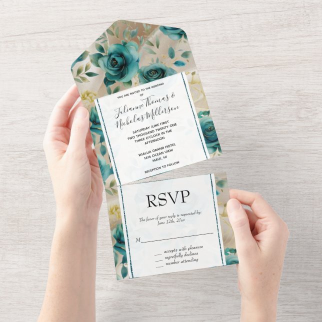 Romantic Teal Green Champagne Rose Floral Wedding All In One Invitation (Tearaway)