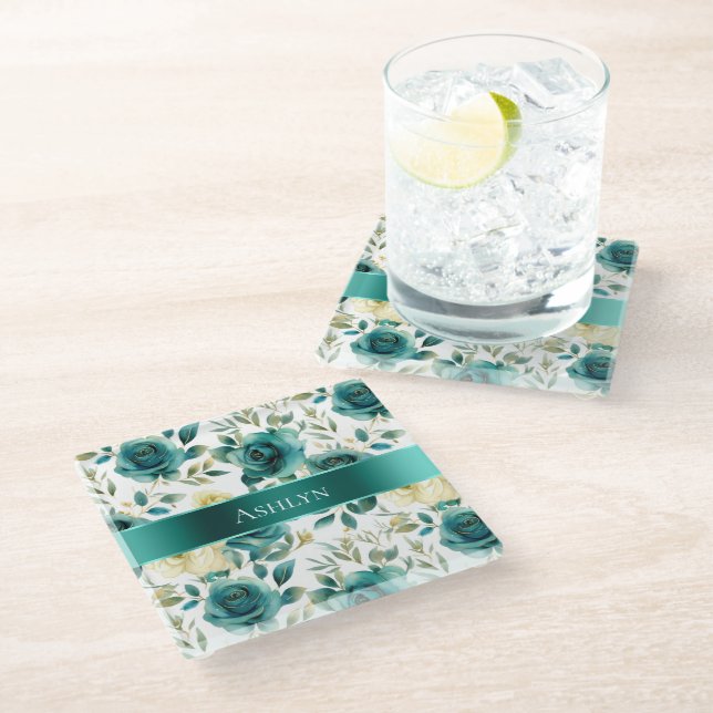 Romantic Teal Green Cream Rose Floral Glass Coaster (Angled)