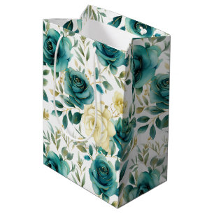 Romantic Teal Green Cream Rose Floral Medium Gift Bag