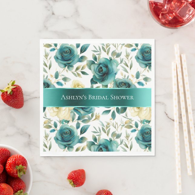 Romantic Teal Green Cream Rose Floral Napkin (Insitu)