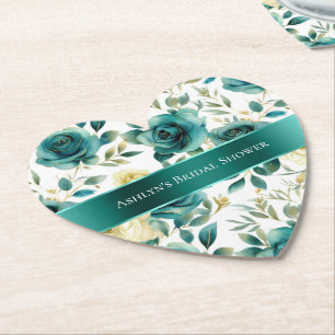 Romantic Teal Green Cream Rose Floral Paper Coaster
