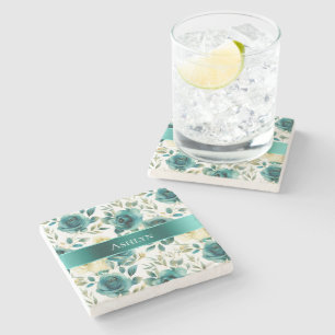 Romantic Teal Green Cream Rose Floral Stone Coaster