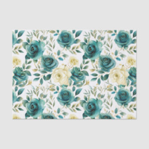 Romantic Teal Green Cream Rose Floral Tissue Paper
