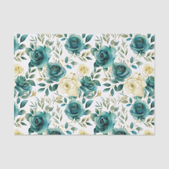 Romantic Teal Green Cream Rose Floral Tissue Paper (Front)