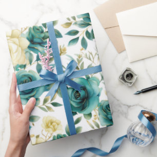 Romantic Teal Green Cream Rose Floral Wrapping Paper