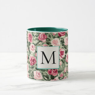Romantic Teal Green Pink Roses Floral Monogram Mug