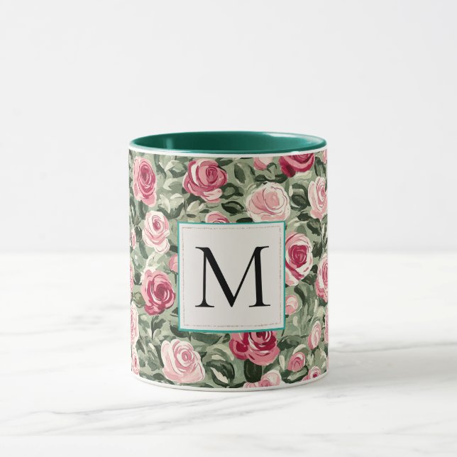 Romantic Teal Green Pink Roses Floral Monogram Mug (Center)