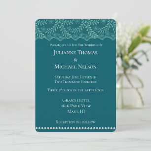 Romantic Teal Lace Floral White Pearl Wedding Invitation