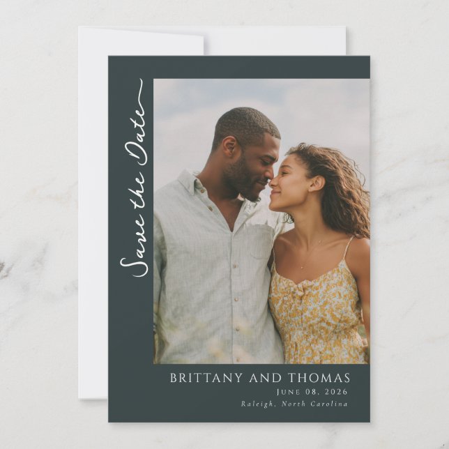 Romantic Teal Minimalist Photo Save The Date (Front)