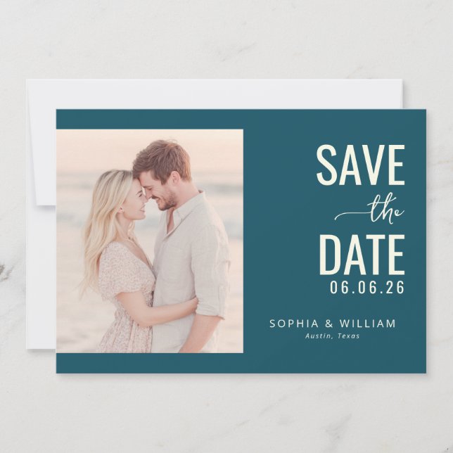 Romantic Teal Minimalist Photo Save The Date (Front)