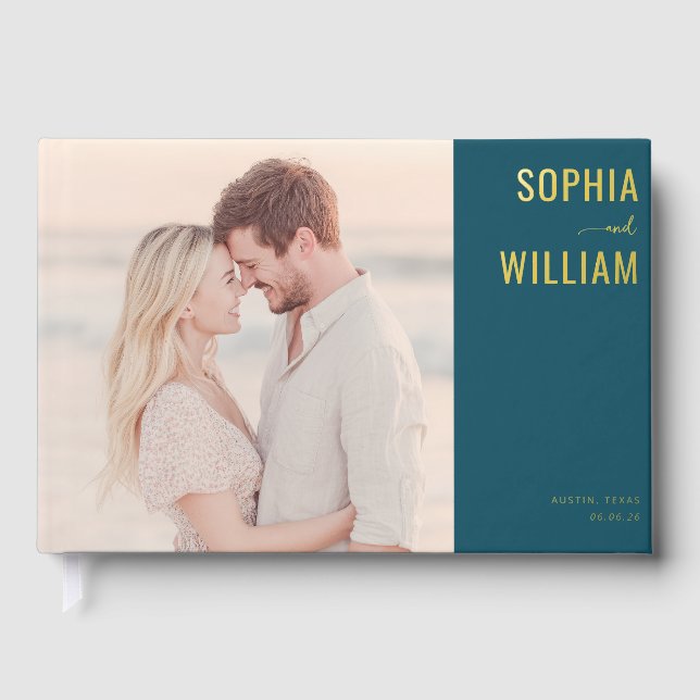 Romantic Teal Modern Photo Guest Book (Front)