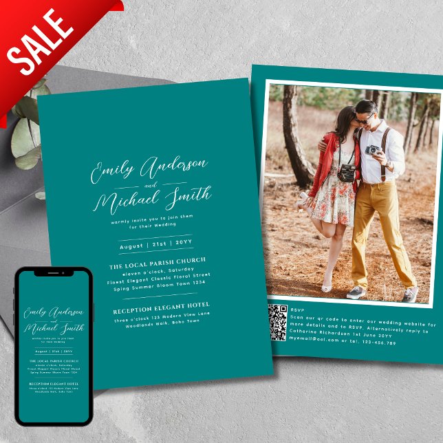 Romantic Teal Photo Qr Code Rsvp Wedding  Invitation (Creator Uploaded)