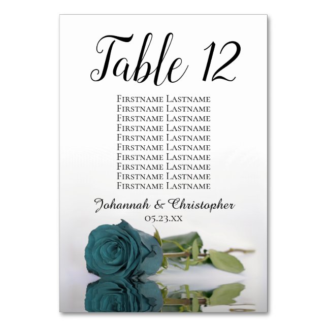 Romantic Teal Rose Elegant Wedding Seating Chart Table Number (Front)