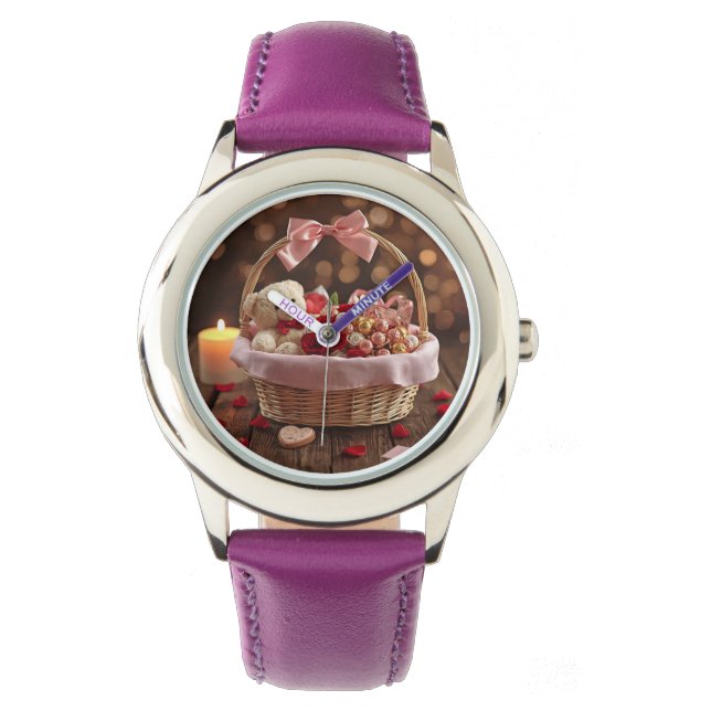 Romantic Teddy Rose Valentines Day Leather Strap Watch (Front)