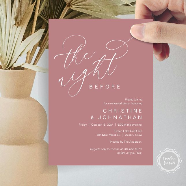 Romantic The Night Before Wedding Rehearsal Dinner Invitation (Romantic The Night Before Wedding Rehearsal Dinner Party Invitation Card, in Dusty Rose Pink)