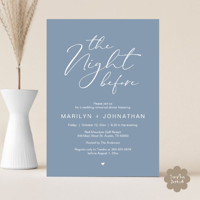 Romantic The Night Before Wedding Rehearsal Dinner Invitation (Romantic The Night Before Modern Wedding Rehearsal Dinner Invitation Card PDF Classy Dusty Blue)