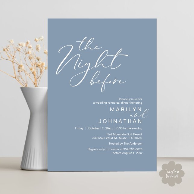 Romantic The Night Before Wedding Rehearsal Dinner Invitation (Romantic The Night Before Modern Wedding Rehearsal Dinner Invitation Card PDF Classy Dusty Blue)