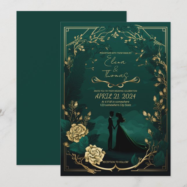 Romantic theme in Emerald Green and Golden details Invitation (Front/Back)