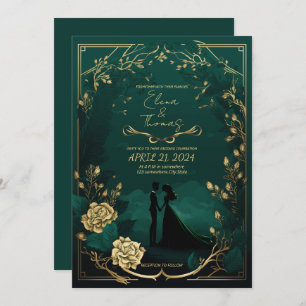 Romantic theme in Emerald Green and Golden details Invitation