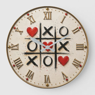 Romantic Tic Tac Toe Hearts Large Clock