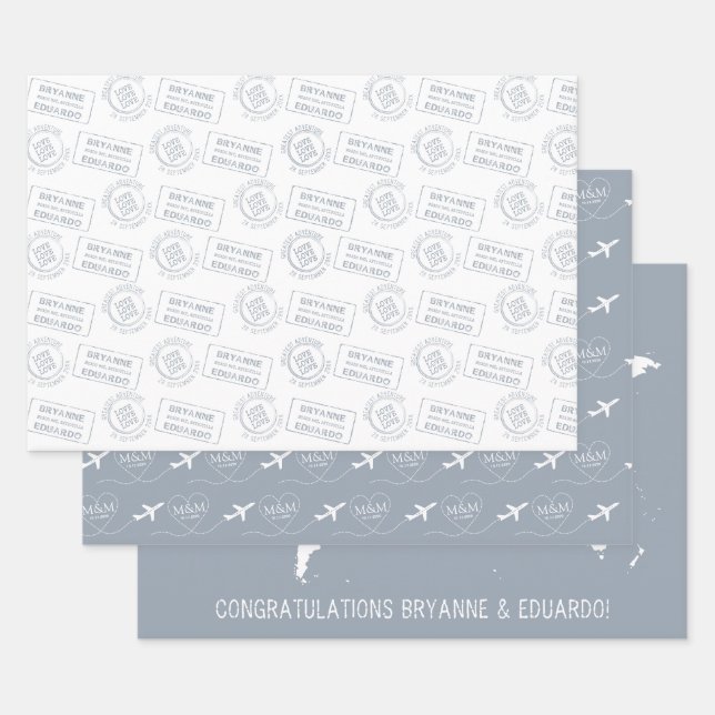 Romantic Travel Theme Passport Stamp Map Blue Wrapping Paper Sheet (Set)