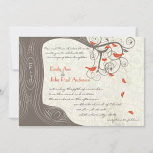 Romantic Tree Coral Love Bird Wedding Invitations