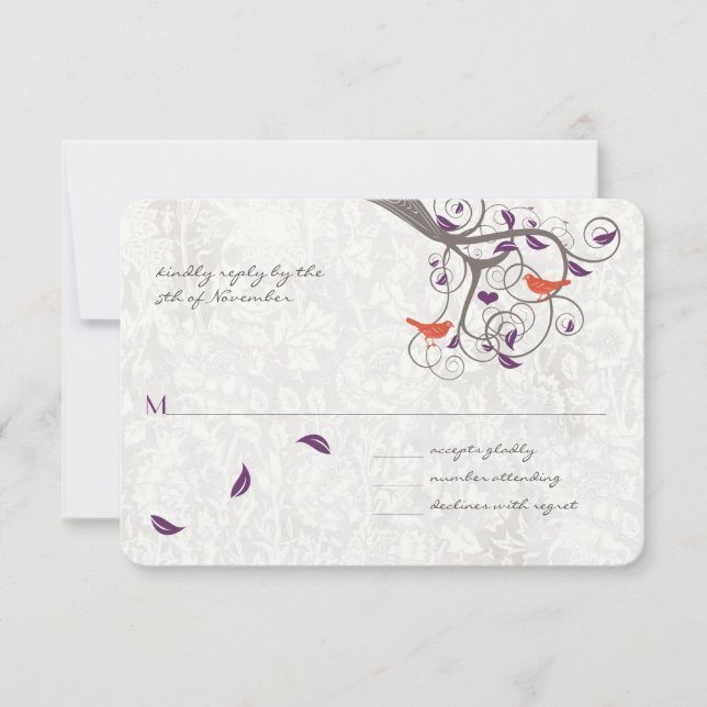 Romantic Tree Swirl Lovebirds Wedding RSVP Card (Front)