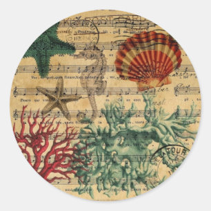 romantic tropical coastal coral seahorse starfish classic round sticker