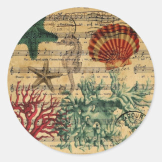romantic tropical coastal coral seahorse starfish classic round sticker