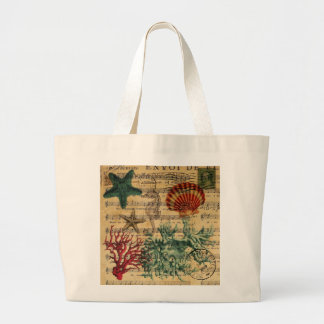 romantic tropical coastal coral seahorse starfish large tote bag