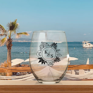 Romantic Tropical Greenery Wedding Stemless Wine Glass