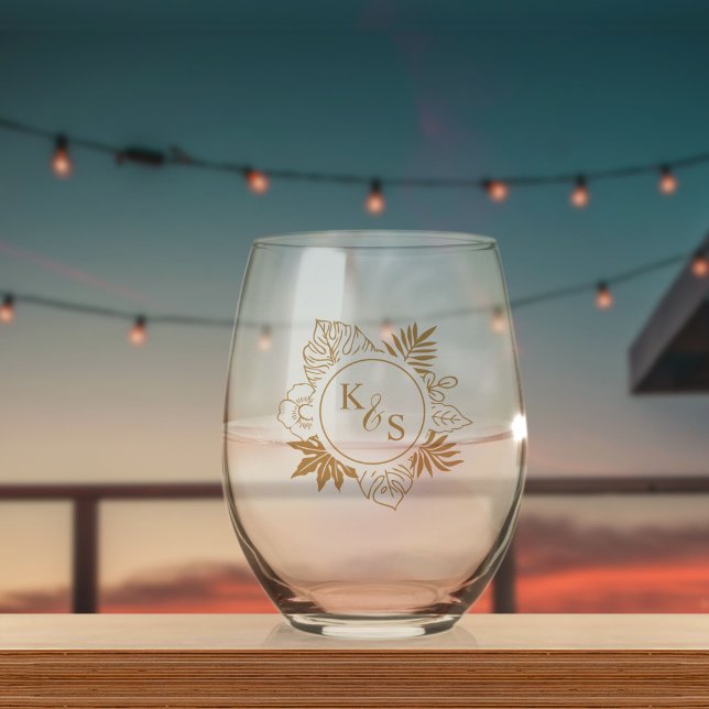 Romantic Tropical Greenery Wedding Stemless Wine Glass (Creator Uploaded)