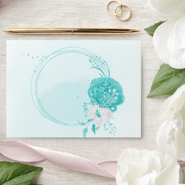 romantic turquoise and white flowers wedding envelope (Wedding)