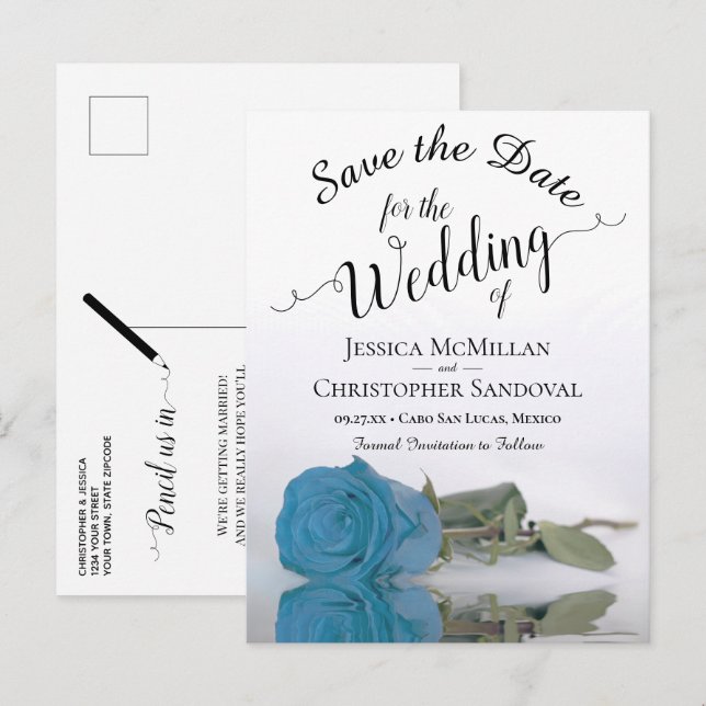 Romantic Turquoise Blue Rose Wedding Save the Date Announcement Postcard (Front/Back)