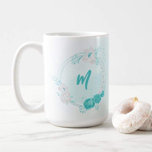 romantic turquoise flowers coffee mug (With Donut)