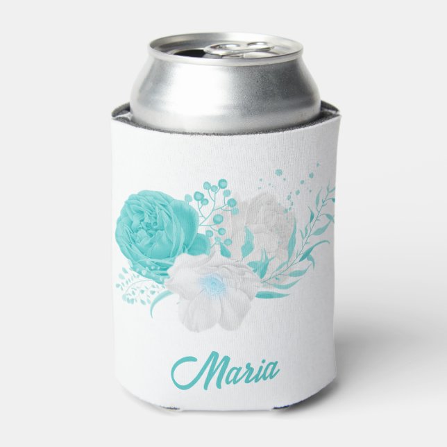 romantic turquoise flowers wedding can cooler (Can Front)