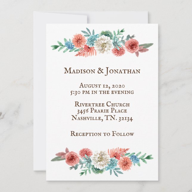 Romantic Turquoise | Peach Pretty Wedding Invitation (Front)