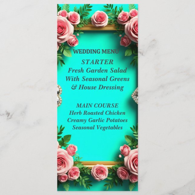 Romantic Turquoise Pink Rose Wedding Dinner 🌸 Menu (Front)