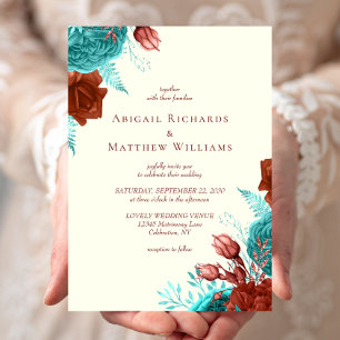 Romantic Turquoise Rust Ivory Floral Wedding Invitation