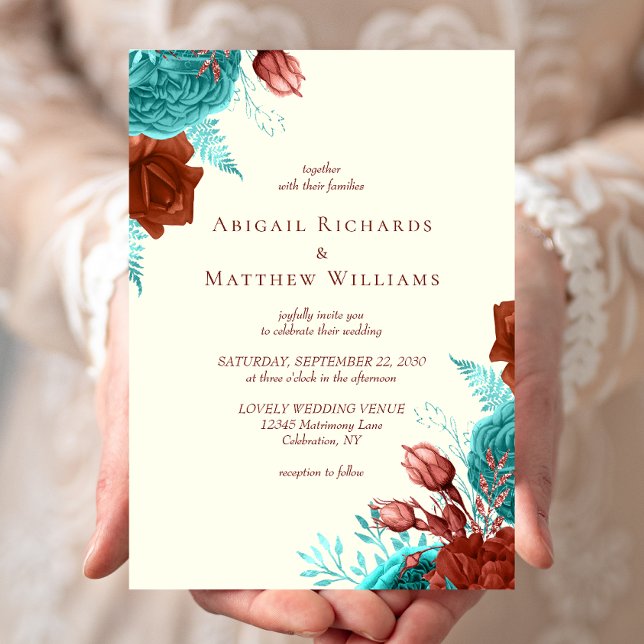 Romantic Turquoise Rust Ivory Floral Wedding Invitation (Creator Uploaded)