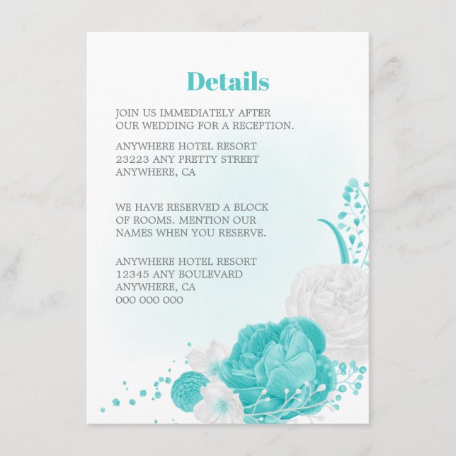 Romantic turquoise white floral details wedding enclosure card (Front)