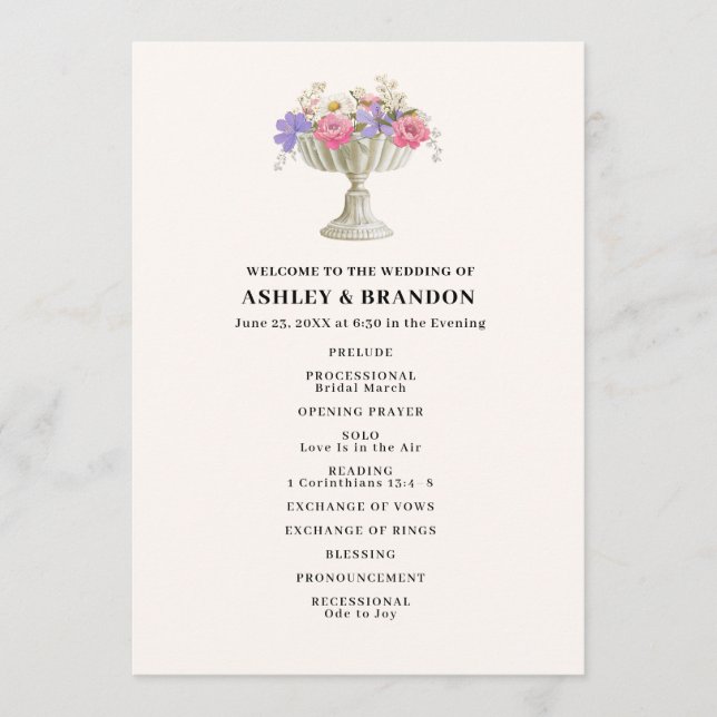 Romantic Tuscan Garden Urn Floral Wedding Program (Front)