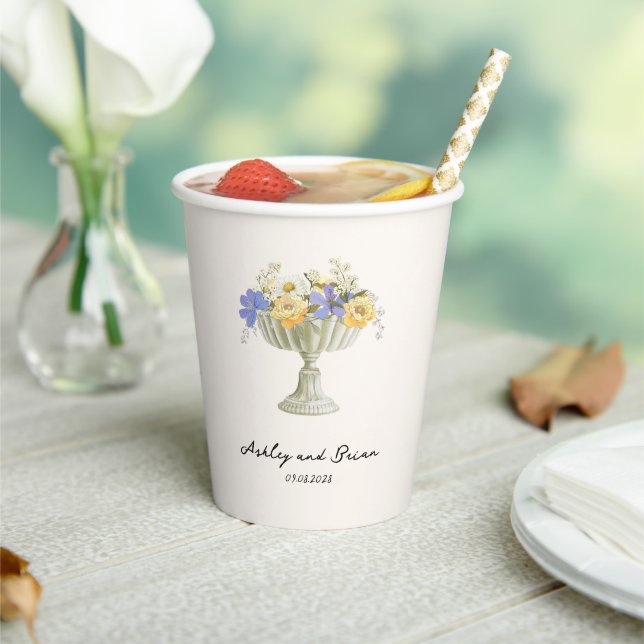 Romantic Tuscan Garden Urn with Flowers Wedding Paper Cups (Insitu)